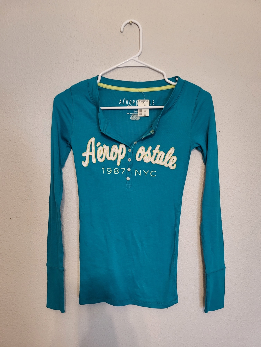 Aeropostale Teal Long Sleeve Henley Top with Cream Logo